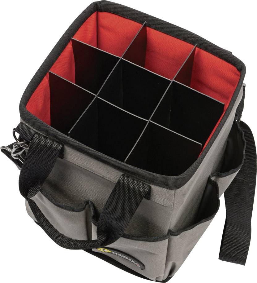 A grey camera bag with red interior lining and six black compartments for storing equipment, with carrying handles.