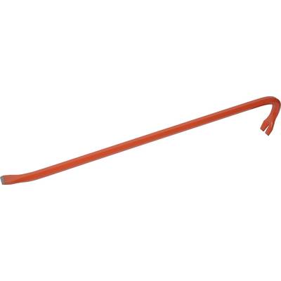 A red crowbar with a flat and a curved claw, typically used as a lever tool.