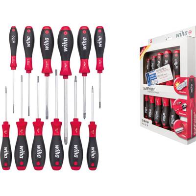 'Wiha' screwdriver set with various sizes and shapes, pictured in dark grey and red next to its original packaging.