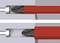 A cross-section of two screwdriver bits in holders. Top: Bit pointing to the left. Bottom: Bit inserted in red sleeve.