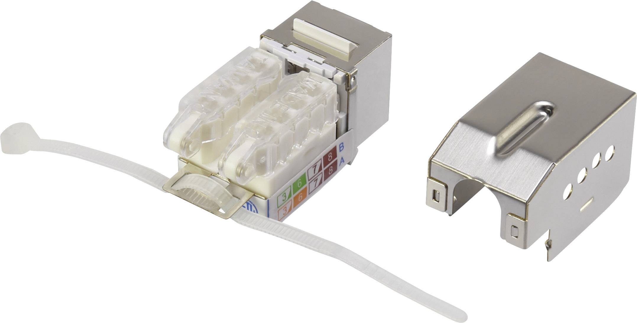 Metallic cable connection with removable housing and cable clamp, suitable for professional network installations.
