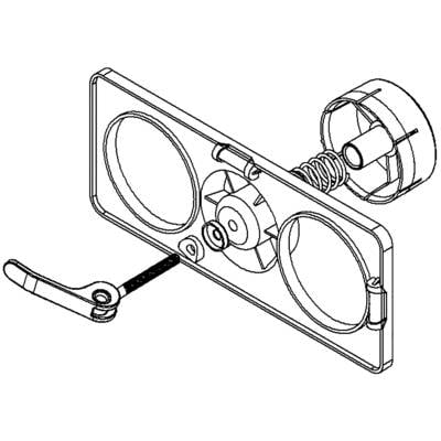 Technical drawing of a locking device with lever and rotational mechanism. Shows detailed components and their arrangement.