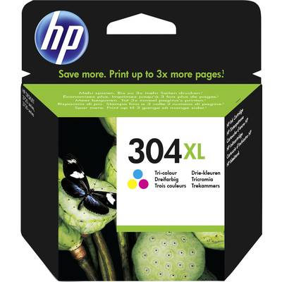 HP 304XL Printer Cartridge Packaging. Contains Tri-Colour Ink Cartridge. Statement: 'Print up to three times more pages.'