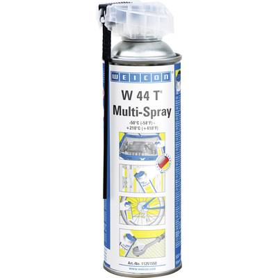 Spray can 'Weicon W 44 T Multi-Spray' with temperature range -50°C to +210°C and illustrations showing use on metal parts and bicycles.