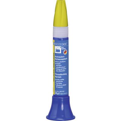 A bottle of blue threadlocking compound with a yellow cap prevents screws from loosening. Contains 30g.
