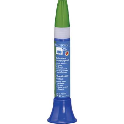 A blue and green tube with 'Threadlocking Varnish' and 'Screw Locking Lacquer' labelling; contains an adhesive.