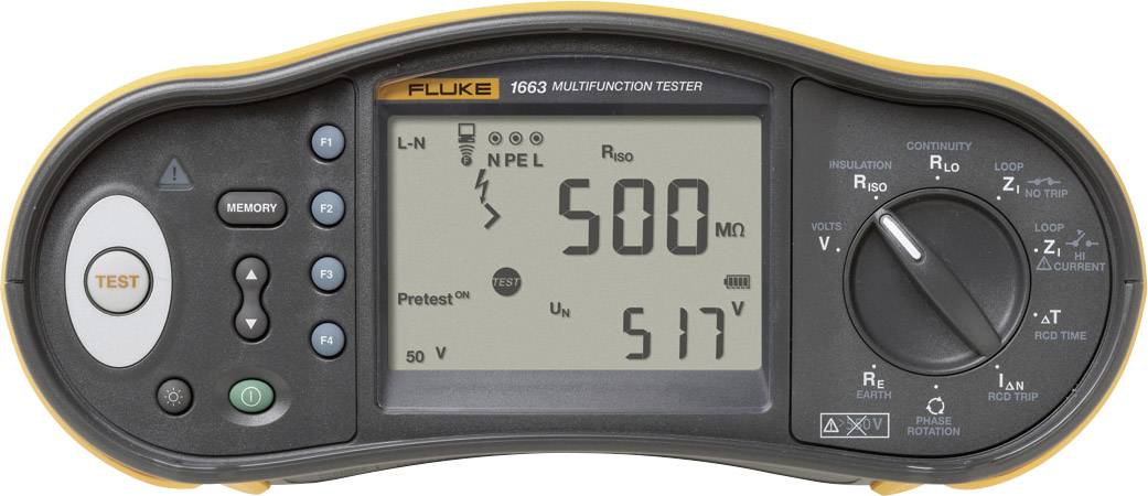 'Multifunctional tester with display shows 500 MΩ and 517V, buttons for test, memory, selection options and rotary dial for mode selection.'