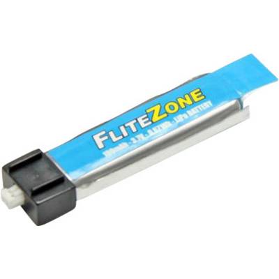A blue FliteZone LiPo battery for drones with a white connector, rectangular shape, and black termination.
