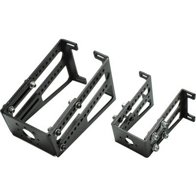 Two black metal mounting brackets with multiple holes and screws that can be used for installation purposes.