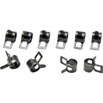Four black metal clips with rectangular loops. Top row upright, bottom row angled. Suitable for fastening.