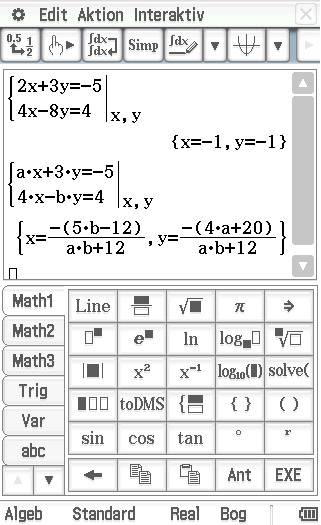 A mathematical input tool with equations, variables 'x, y' and various symbol keys for creating and solving equations.