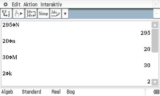 Screen view of a calculator with calculations: '295⇨N' gives 295, '20⇨n' gives 20, '30⇨M' gives 30, '2⇨k' gives 2.
