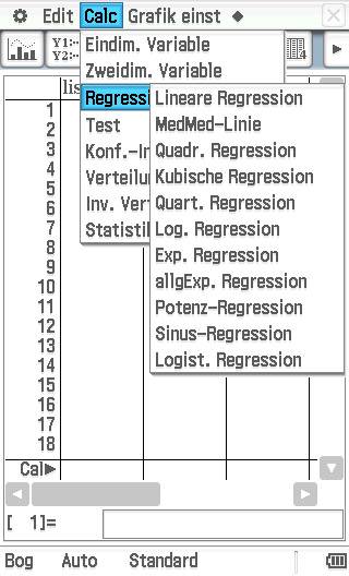 A menu displays regression options in a mathematics program, including linear, quadratic, and logistic regression.