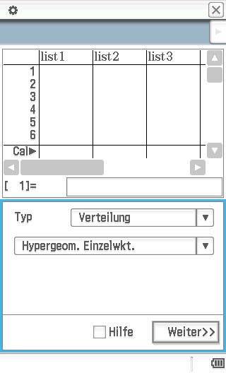 A screenshot of a statistics program. Visible is a table area with three lists and input fields for distribution selection.