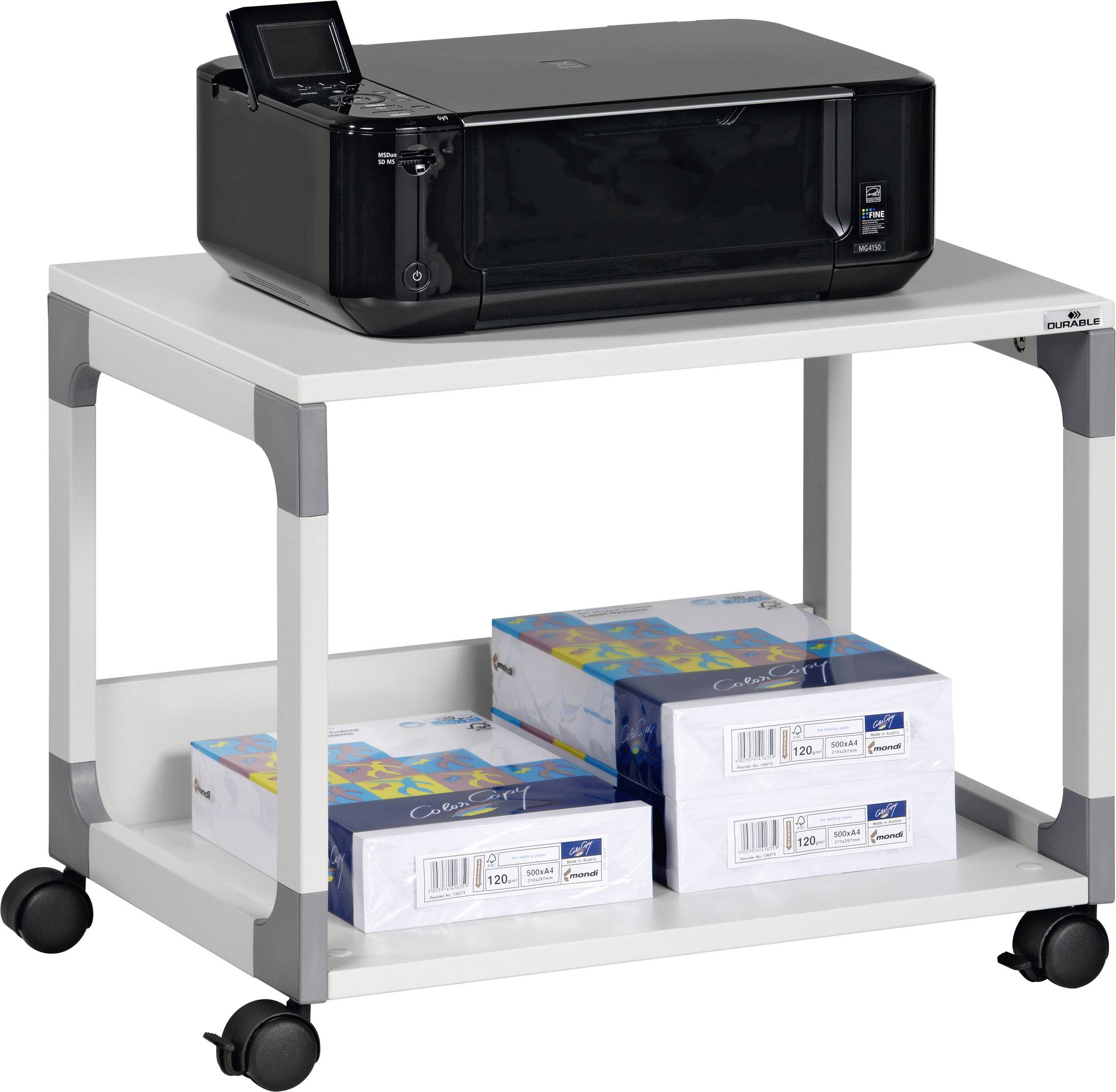 A printer is standing on a white printer trolley with wheels. Underneath the printer, four reams of copy paper are placed on a shelf.