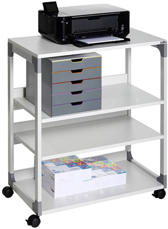 A white shelving unit on wheels with three shelves, with a printer and colourful stacks of paper on top.