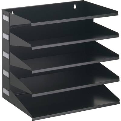 Black metal desk organiser with five open, angled compartments for storing and organising documents.