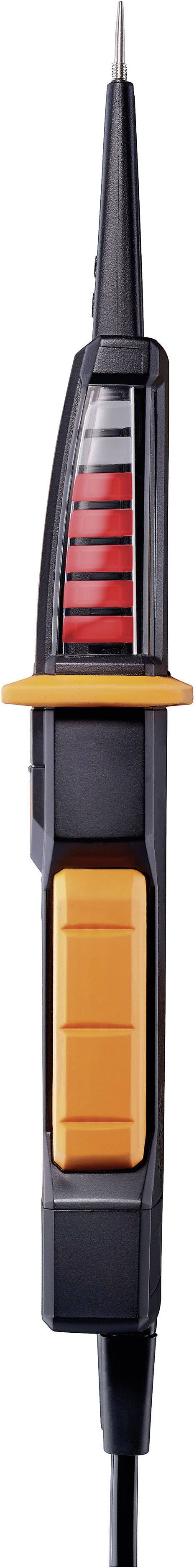 Voltage tester with an orange switch and red LED indicator.