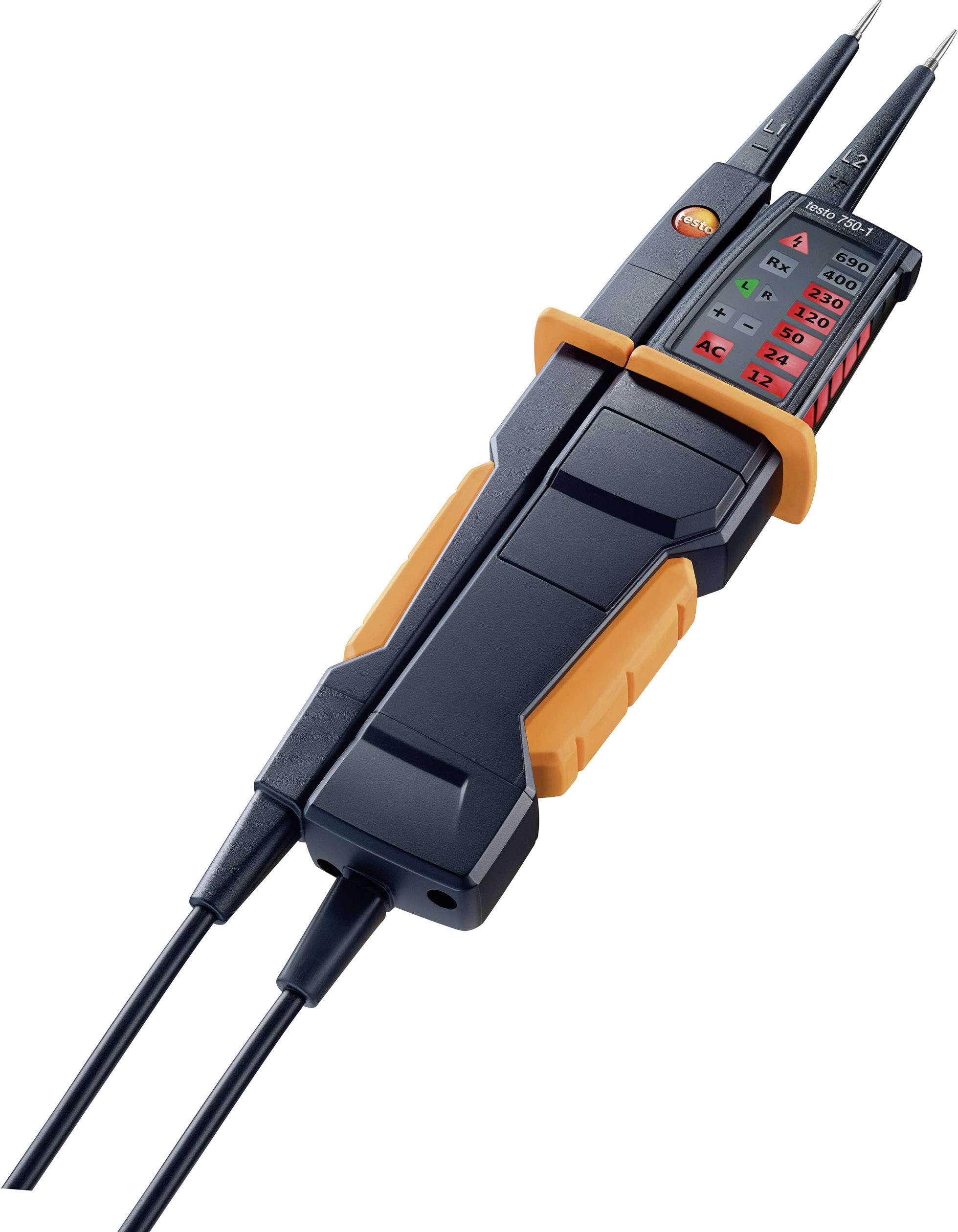 A black voltage tester with orange accents displays measurements and symbols for electrical voltage and current.