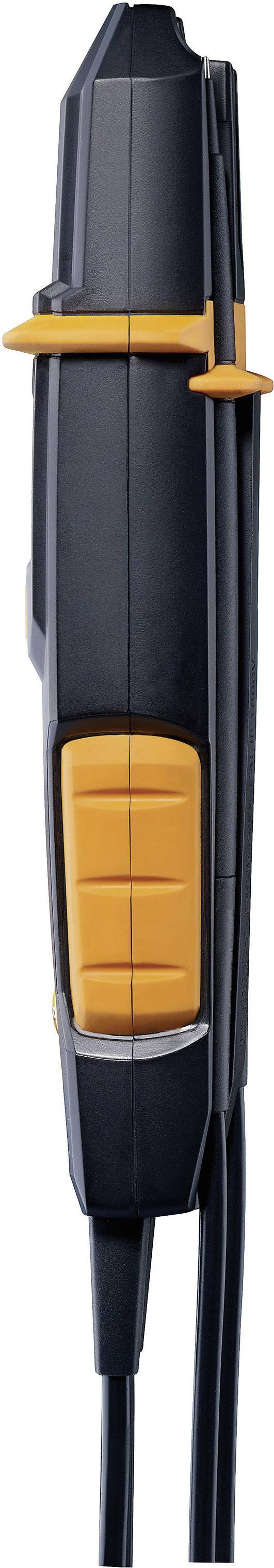 Side view of an electrical device with a black casing and orange buttons, possibly a tool or instrument.