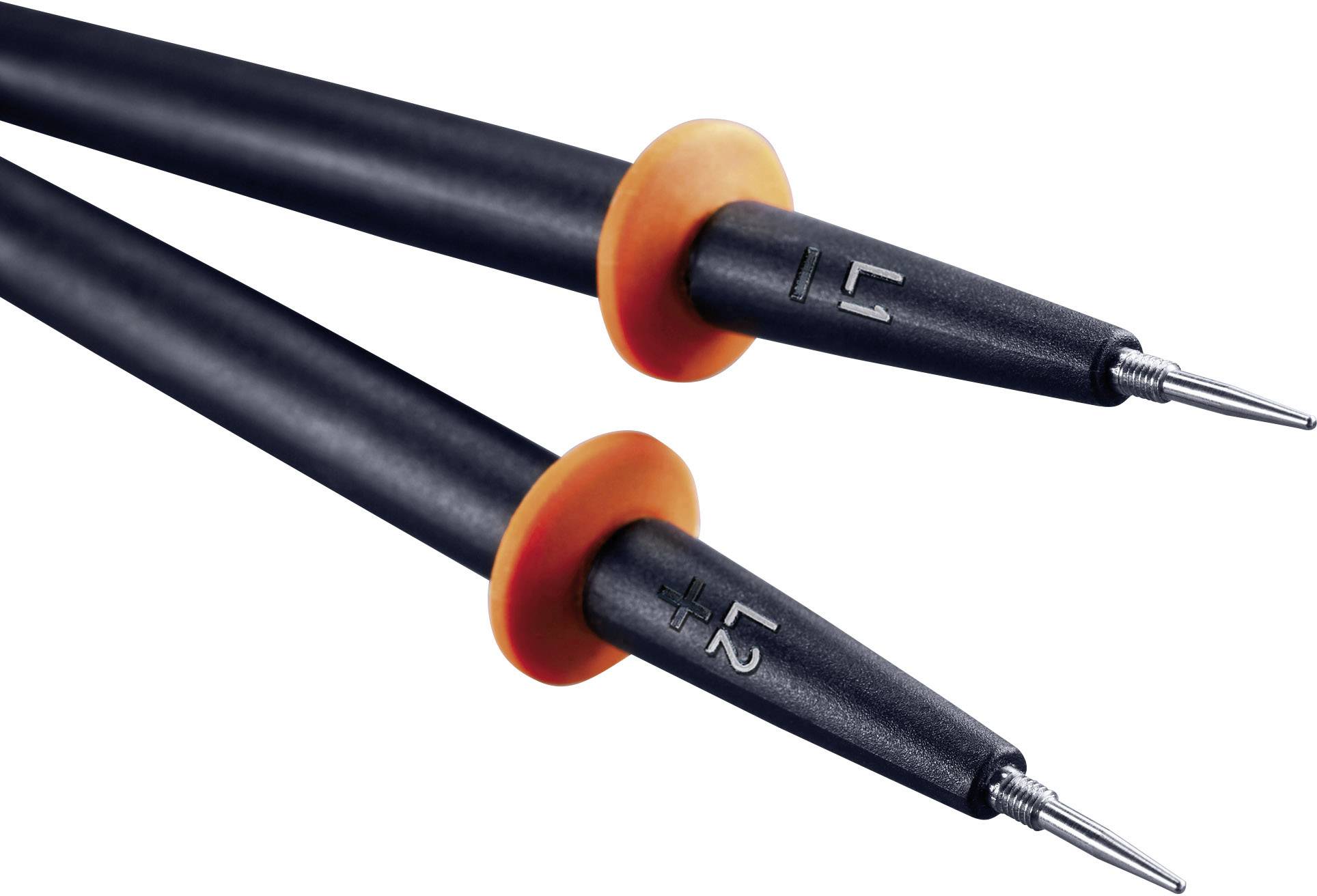 Two black measuring probes with orange rings, each marked with a plus and minus symbol, likely for electronic measurements.