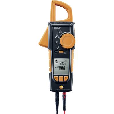 Digital current measuring device with clamp, displays readings of 5000A (Hz) and 4000A (AC); display with multiple buttons and rotary switch.