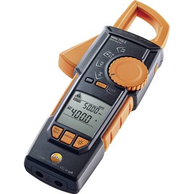 Digital clamp meter with display, orange and black, showing '500 A' and '400.0', device for measuring current in electrical lines.