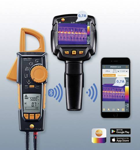 A multimeter, a thermal imaging camera and a smartphone with an app. The multimeter shows 5000 RPM, the camera 0.7 A.