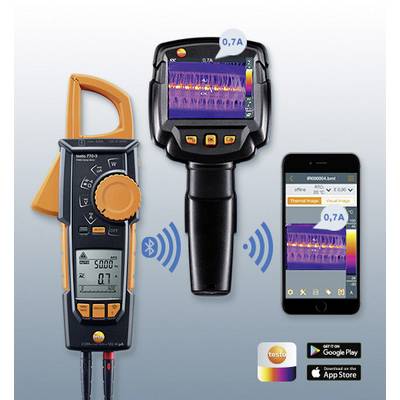 A multimeter, a thermal imaging camera and a smartphone with an app. The multimeter shows 5000 RPM, the camera 0.7 A.