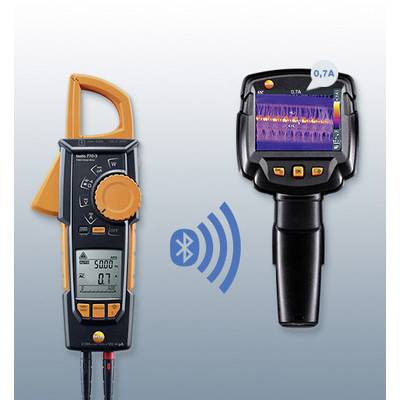 A handheld measuring device with a display shows electrical measurement values. Next to it is an infrared camera image. Both devices have Bluetooth functionality.