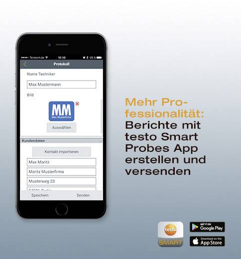 'More Professionalism: Create and Send Reports with the testo Smart Probes App.' Smartphone displays report creation app.