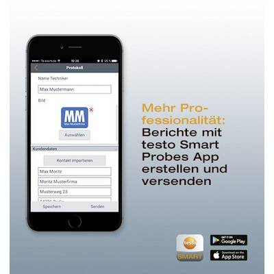 'More Professionalism: Create and Send Reports with the testo Smart Probes App.' Smartphone displays report creation app.