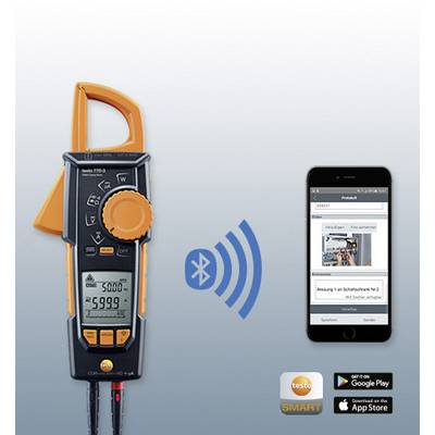 A digital multimetre with Bluetooth connectivity next to a smartphone displaying an accompanying app.