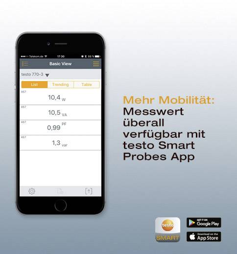 A smartphone displays an app for measurement display, next to which it reads: 'More Mobility: Measurement Values Available Everywhere with the testo Smart Probes App'.