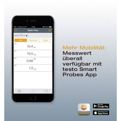 A smartphone displays an app for measurement display, next to which it reads: 'More Mobility: Measurement Values Available Everywhere with the testo Smart Probes App'.