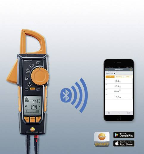 A digital multimeter sends measurement data via Bluetooth to a smartphone. App icons for Google Play and App Store are visible.