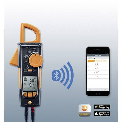 A digital multimeter sends measurement data via Bluetooth to a smartphone. App icons for Google Play and App Store are visible.
