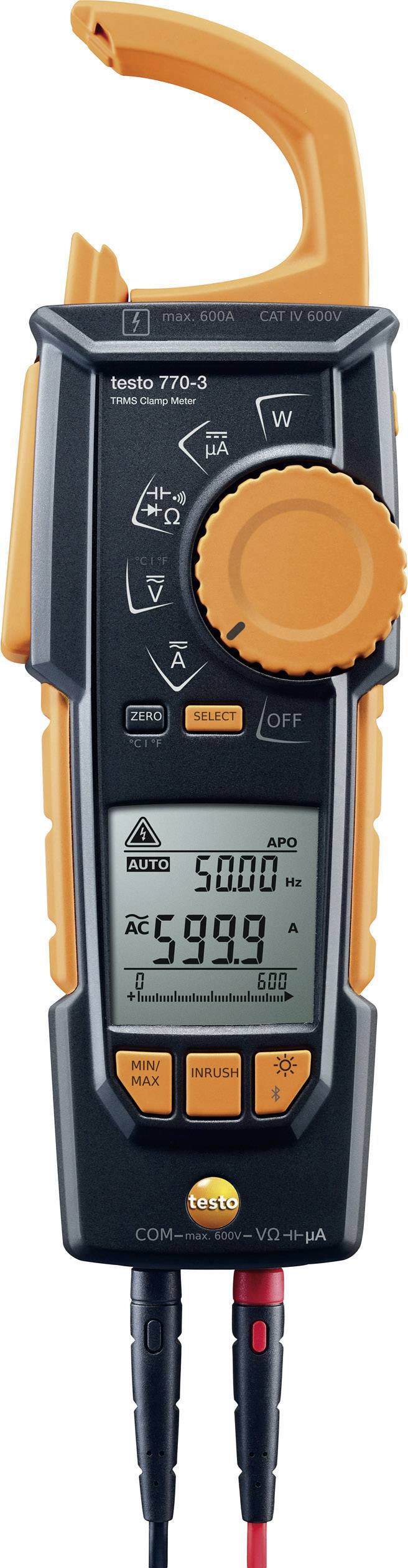 A digital clamp meter in black and orange displays an AC current value of 59.99 A on its screen. Various control buttons are visible.