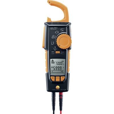 A digital clamp meter in black and orange displays an AC current value of 59.99 A on its screen. Various control buttons are visible.