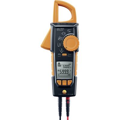 Digital clamp meter with display, showing 599.9 AC and 5,000 Hz, with various setting options and connections for test leads.
