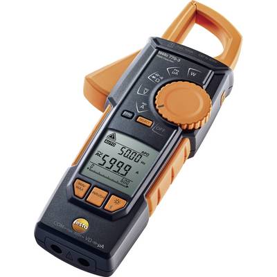 A digital multimeter with orange details displays '5999' on the screen. It has a rotary dial and measurement functions for electrical testing.