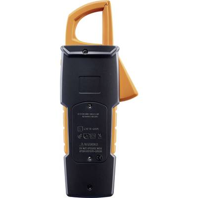 Electric measuring device with an orange and black plastic casing, rear view. Shows technical specifications and warning notices.
