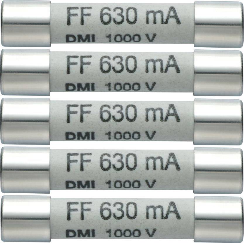 Five identical fine fuses, each labelled 'FF 630 mA DMI 1000 V', are stacked horizontally on top of each other.