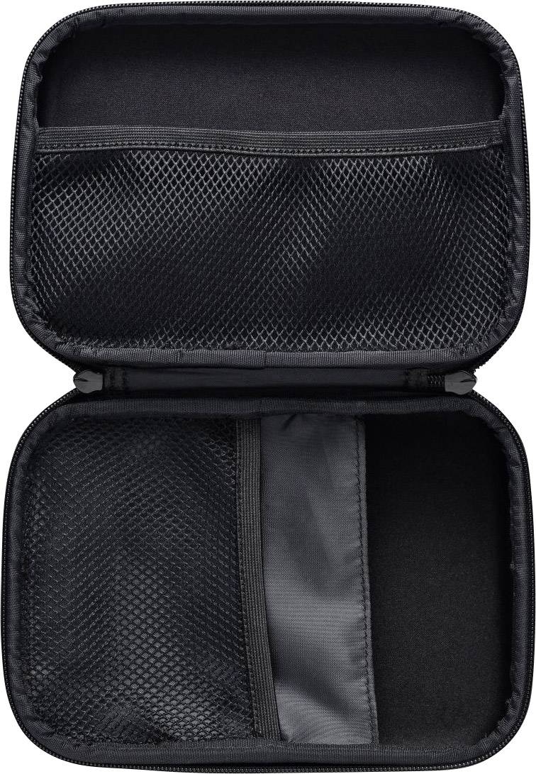 Black open storage bag with zip closure, featuring two mesh pockets in the lid, suitable for electronic accessories.