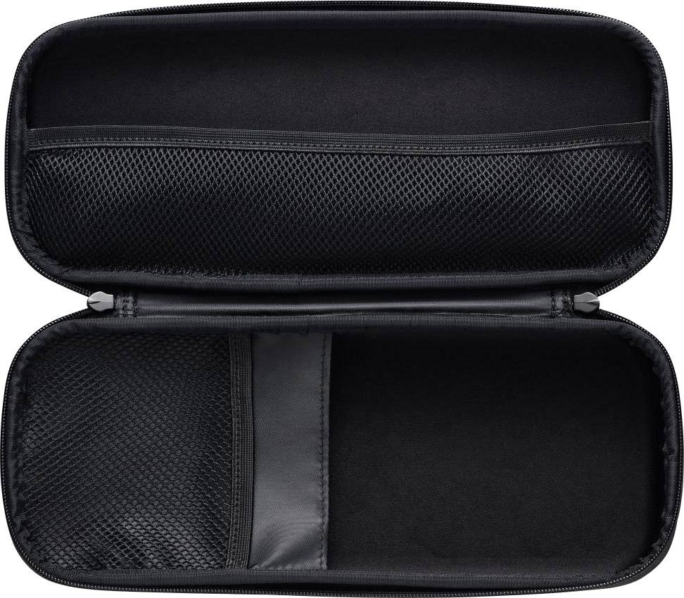 A black, open hardshell bag with mesh pockets for storing small items or devices.
