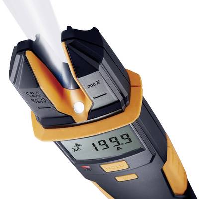 An electrical measuring device displays the value '199.9' on a display. It is connected by a cable and has a hold function.