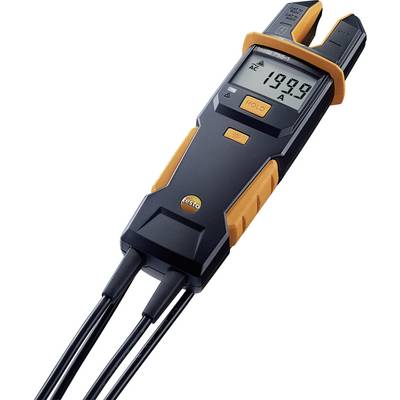 Digital measuring device with display showing '199.9 A'. Black casing with orange accents. Three cable connections visible.