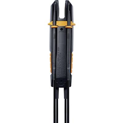 A black, elongated electrical plug with orange elements, with two cables running downwards.