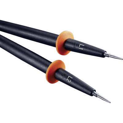 Two black test probes with orange rings; one marked with '+' and one with '-', for electrical measurements.