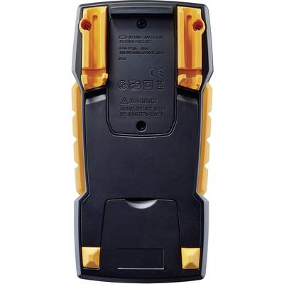 Back of a black and yellow device with a battery compartment. Contains technical information and warning notices.
